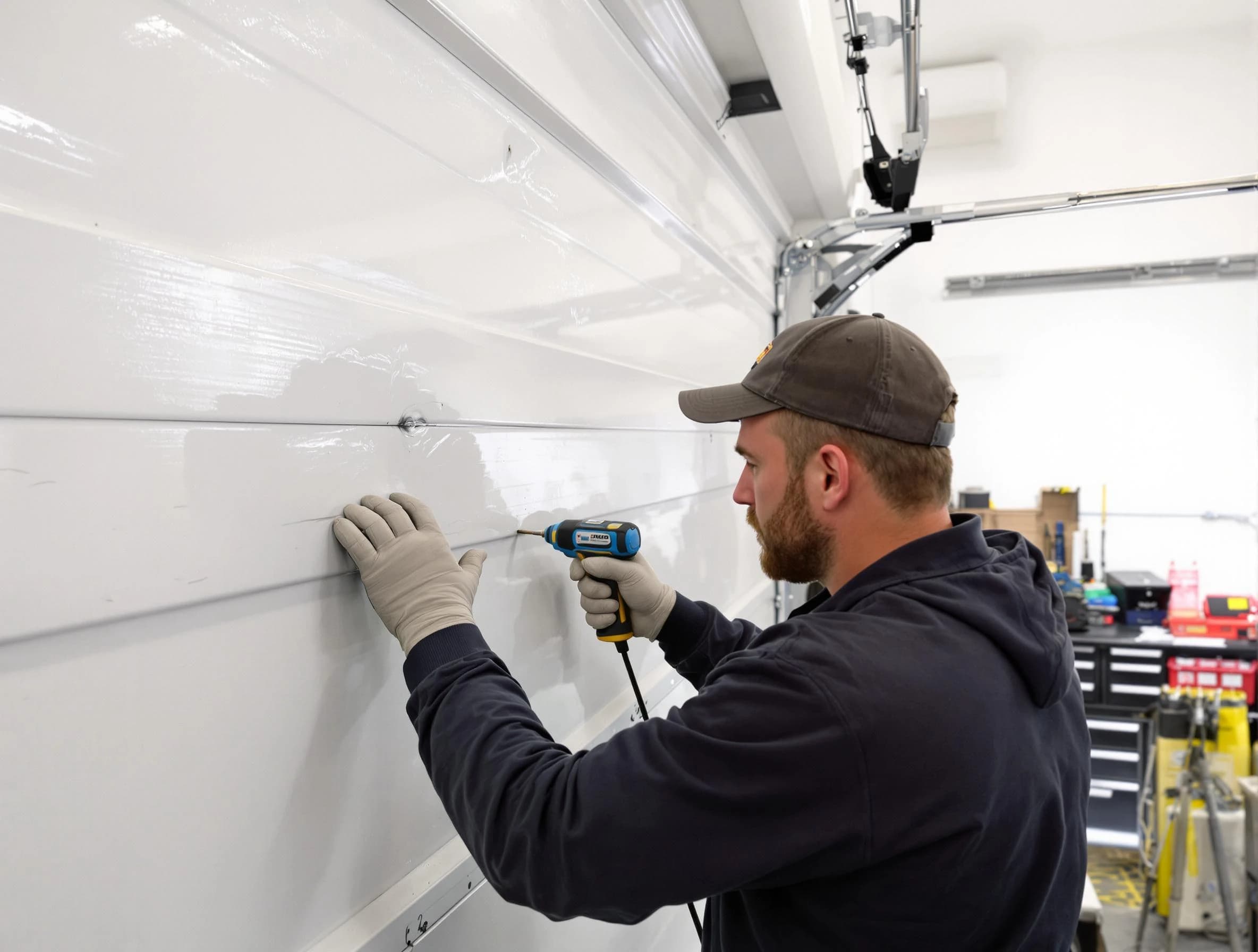 Wellesley Garage Door Repair technician demonstrating precision dent removal techniques on a Wellesley garage door