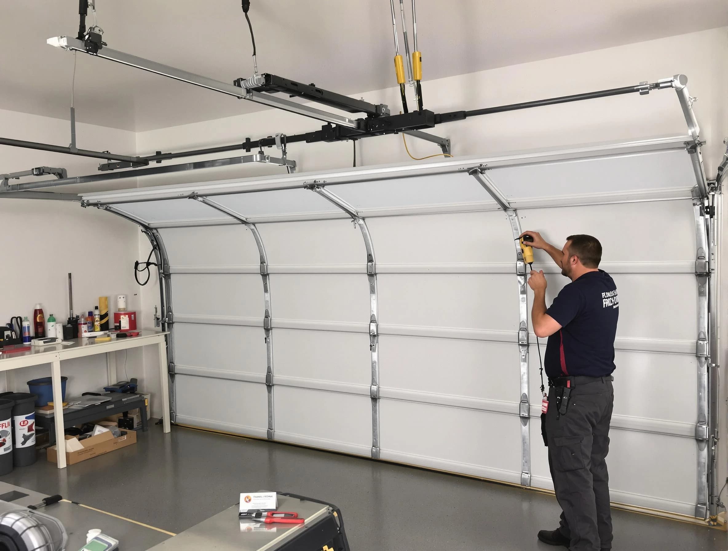 Wellesley Garage Door Repair certified technician performing overhead door system repair in Wellesley