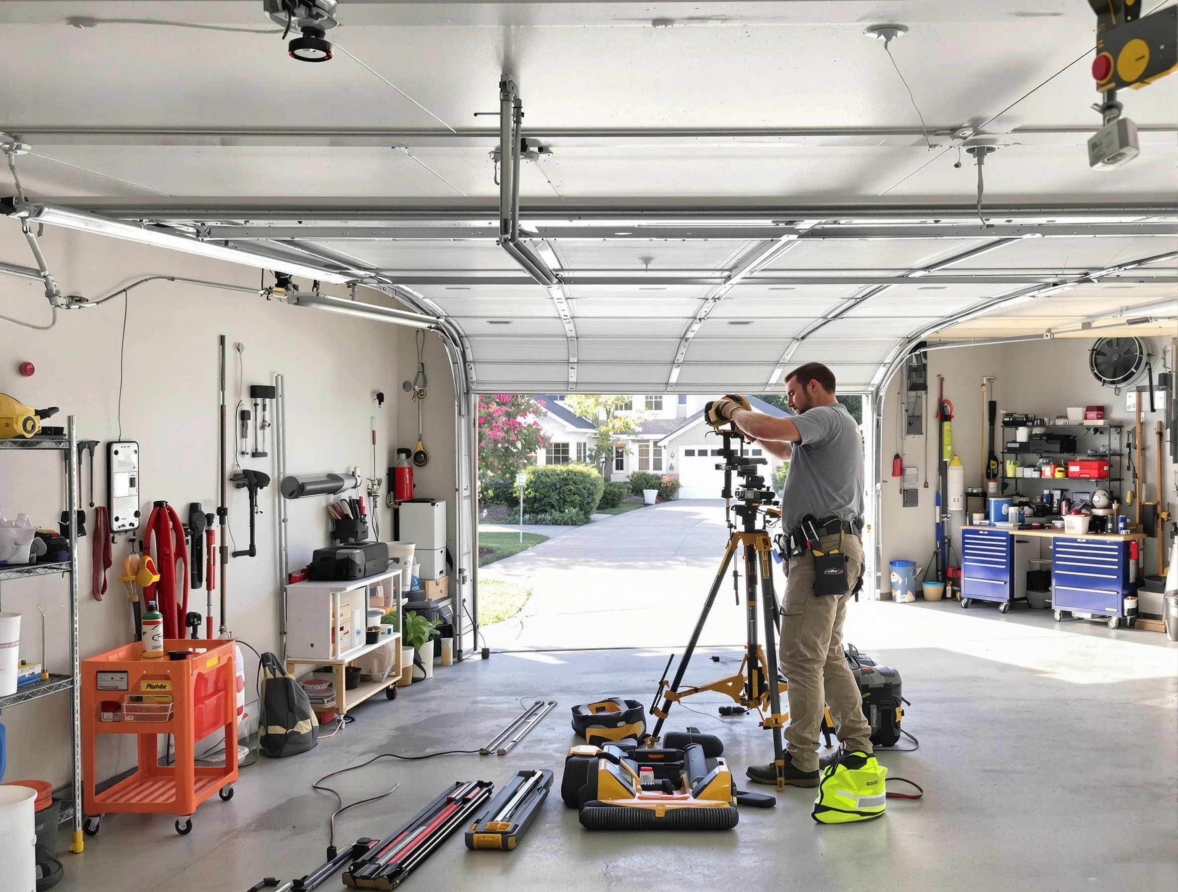 Wellesley Garage Door Repair specialist performing laser-guided track alignment in Wellesley